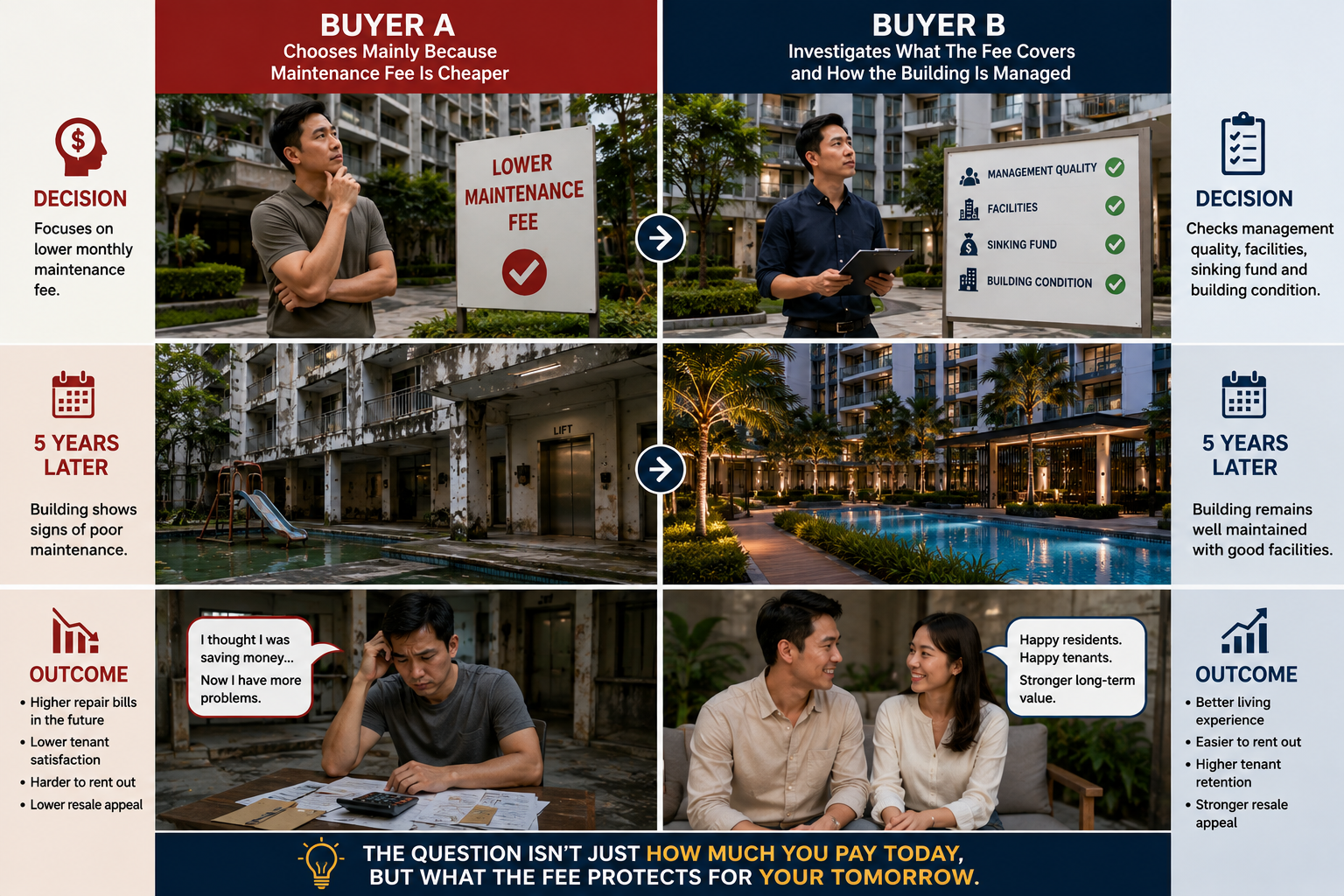 Buyer A versus Buyer B comparison showing different approaches to condo maintenance fees