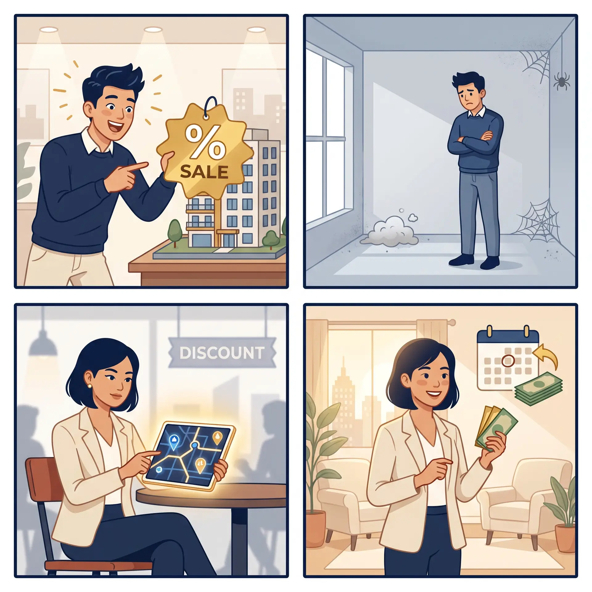 Four-panel comic: Buyer A excitedly points at a large discount tag on a model building; a year later he stands alone in an empty, dusty unit; Buyer B calmly studies a location map on a tablet, ignoring a discount sign; Buyer B later smiles while holding rental cash next to a monthly calendar
