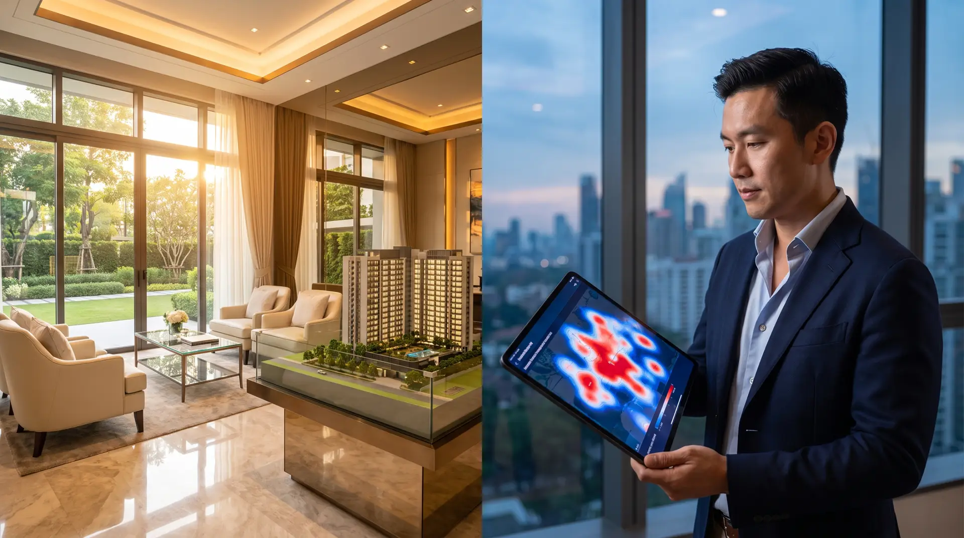 Split scene: a luxury property showroom with a model of a condo development on the left, and an investor studying a rental demand map on a tablet on the right