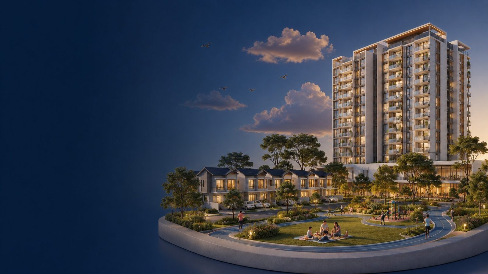 3D view of a Malaysian residential community — a high-rise condominium with balconies, a row of double-storey cluster homes, a landscaped park with a jogging track, a family picnic, birds and evening clouds