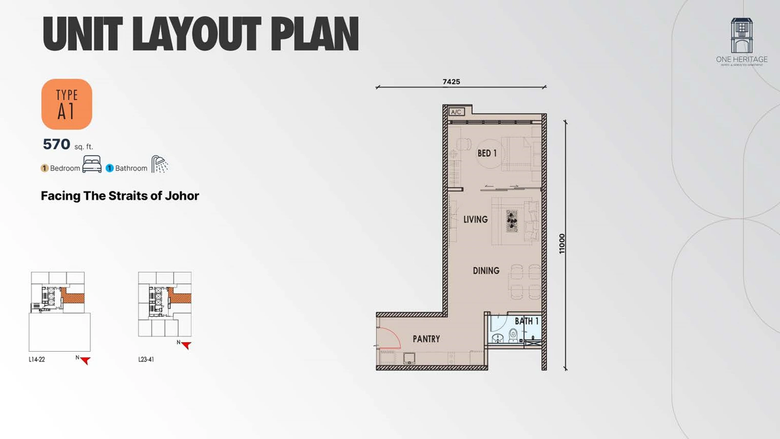 Type A1 570 sq ft one-bedroom floor plan at One Heritage by Yuwang