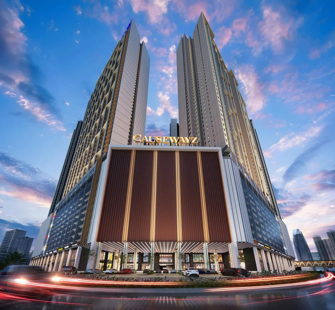 Causewayz Square freehold serviced residence at Bukit Chagar, JB City Centre — facade rendering