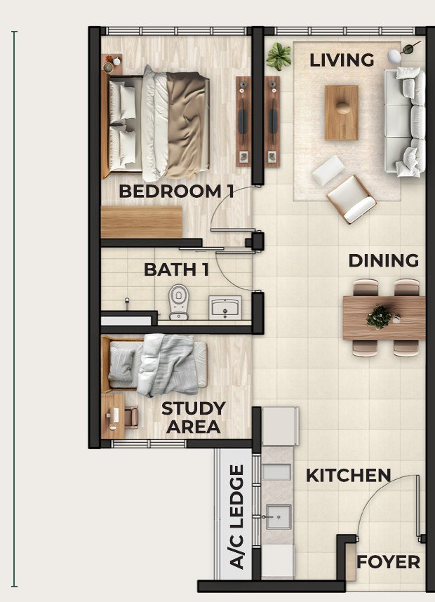 Hillview Senibong Cove Type A1 — 598 sq ft, 1+1 bedroom floor plan
