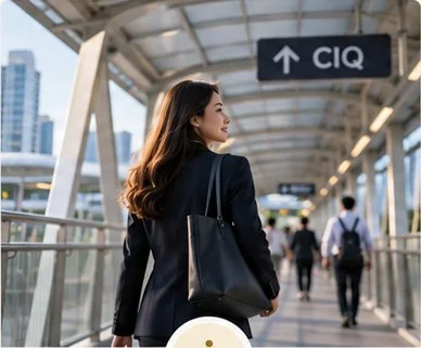 Commuter walking through a covered link toward CIQ