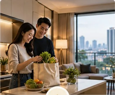 Couple settling into a modern apartment