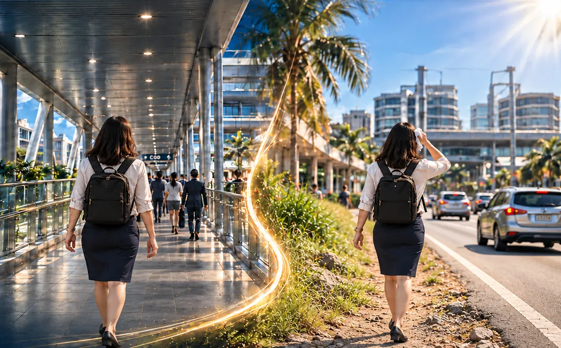 Two commuters walking toward Johor Bahru’s CIQ and RTS area: one along a covered pedestrian link bridge, the other beside a busy sunlit road