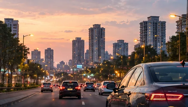 Cars driving along a Johor Bahru road toward the city skyline at dusk