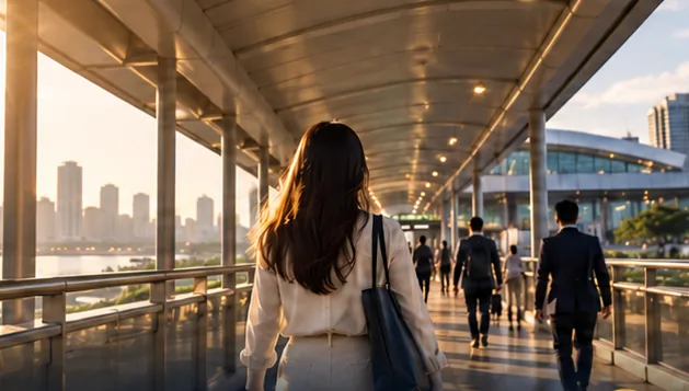A commuter walking along a covered pedestrian bridge toward the CIQ complex at sunset
