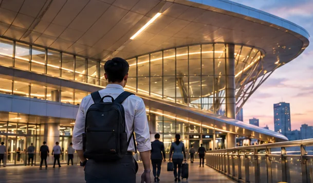 A commuter with a backpack walking toward the RTS station building